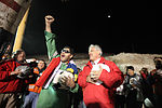 Luis Urz&uacute;a, the leader of the trapped miners and the last of the 33 to be lifted to freedom, celebrates with President Pi&ntilde;era at San Jos&eacute; Mine, during 
