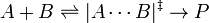 A + B \rightleftharpoons |A \cdots B|^{\ddagger} \rightarrow P