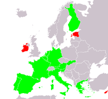 A map of Europe, highlighting the member countries of the eurozone and whether they have issued &euro;2 commemorative coins or not. The eurozone member countries are most of western Europe south of Denmark, as well as Cyprus, Greece, Finland, Ireland and Malta.