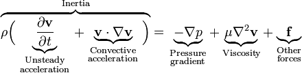 \overbrace{\rho \Big(
\underbrace{\frac{\partial \mathbf{v}}{\partial t}}_{
\begin{smallmatrix}
\text{Unsteady}\\
\text{acceleration}
\end{smallmatrix}} +
\underbrace{\mathbf{v} \cdot \nabla \mathbf{v}}_{
\begin{smallmatrix}
\text{Convective} \\
\text{acceleration}
\end{smallmatrix}}\Big)}^{\text{Inertia}} =
\underbrace{-\nabla p}_{
\begin{smallmatrix}
\text{Pressure} \\
\text{gradient}
\end{smallmatrix}} +
\underbrace{\mu \nabla^2 \mathbf{v}}_{\text{Viscosity}} +
\underbrace{\mathbf{f}}_{
\begin{smallmatrix}
\text{Other} \\
\text{forces}
\end{smallmatrix}}