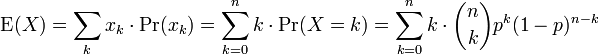 \operatorname{E}(X) = \sum_k x_k \cdot \operatorname{Pr}(x_k) = \sum_{k=0}^n k \cdot \operatorname{Pr}(X=k)
= \sum_{k=0}^n k \cdot {n\choose k}p^k(1-p)^{n-k}