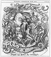 Darwin's figure is shown seated, dressed in a toga, in a circular frame labelled