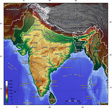 Map of India. Most of India is yellow (elevation 100&ndash;1000 m). Some areas in the south and mid-east are brown (above 1000 m). Major river valleys are green (below 100 m).