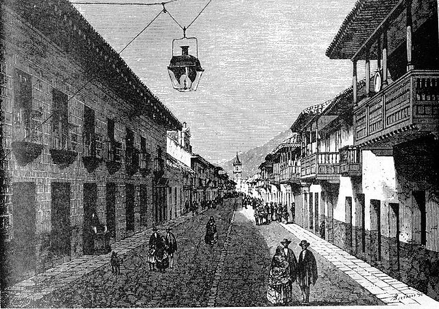File:Calle real de Bogot&aacute; en 1869 dibujo de Therond.jpg