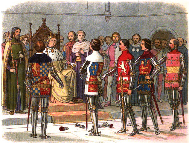 File:A Chronicle of England - Page 328 - Arundel, Gloucester, Nottingham, Derby, and Warwick, Before the King.jpg