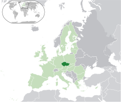 Location of the&nbsp;&nbsp;Czech Republic&nbsp;&nbsp;(dark green)&ndash;&nbsp;in Europe&nbsp;&nbsp;(green &&nbsp;dark grey)&ndash;&nbsp;in the European Union&nbsp;&nbsp;(green)&nbsp; &mdash;&nbsp; [Legend]